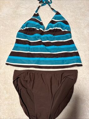 Style & Co. Teal, Brown & White Striped Tankini Set